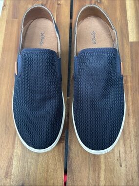 OluKai Pehuea Navy Mesh Slip-On Loafers with Tan Accents